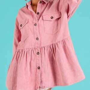 CORDUROY RUFFLE HEM DETAIL BUTTON UP SHACKET WASHED VINTAGE BOHO WOMEN JACKET